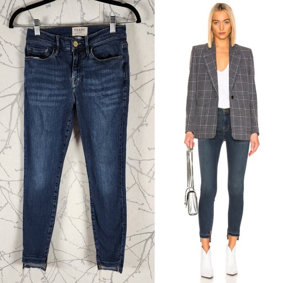 Frame Dark Wash Low Rise Le Skinny De Jeanne Release Stagger Hem - Picture 1 of 6